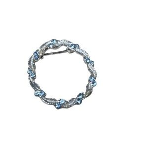 Wreath Brooch Blue Crystal Silver Tone Pin Scarf Hat Lapel Accessory